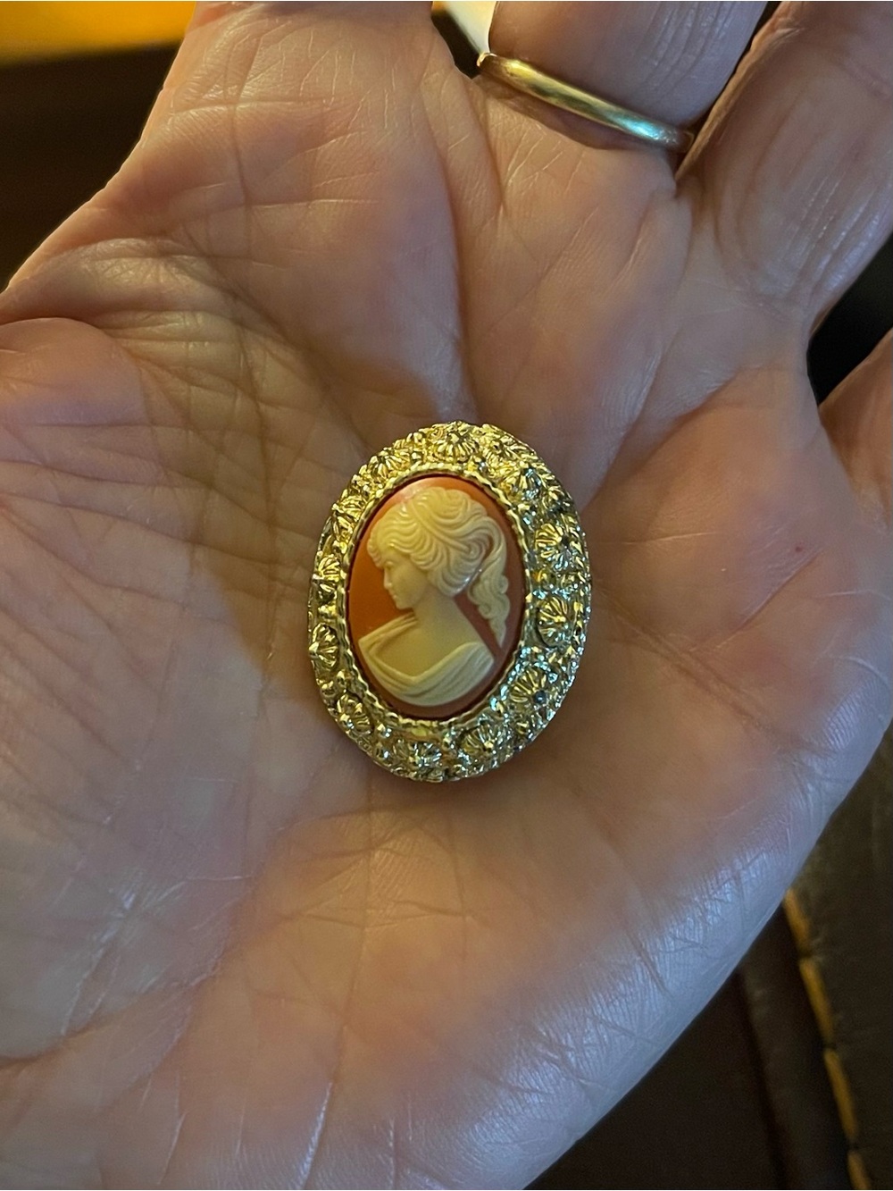 Gold-Tone Cameo Vintage Scarf Clip with Coral Background